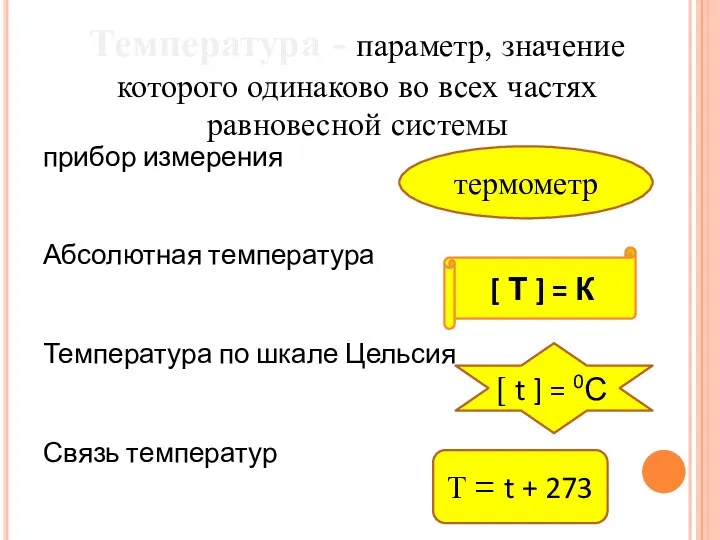 Температура - параметр, значение которого одинаково во всех частях равновесной