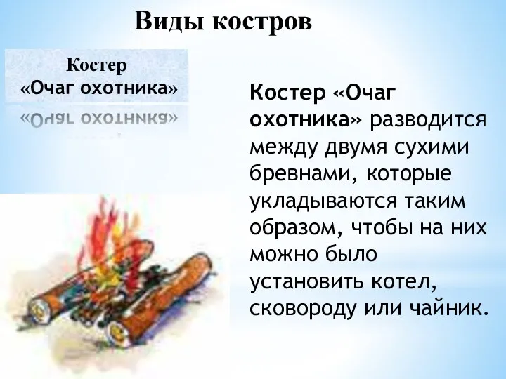 Виды костров Костер «Очаг охотника» разводится между двумя сухими бревнами,