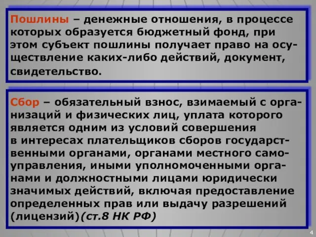 Пошлины – денежные отношения, в процессе которых образуется бюджетный фонд, при этом субъект