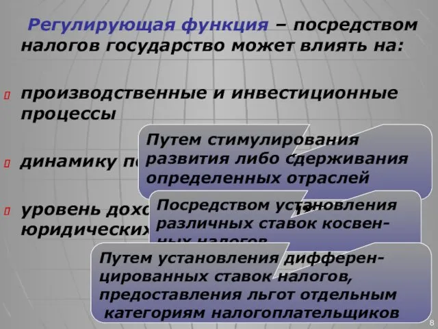 Регулирующая функция – посредством налогов государство может влиять на: производственные и инвестиционные процессы