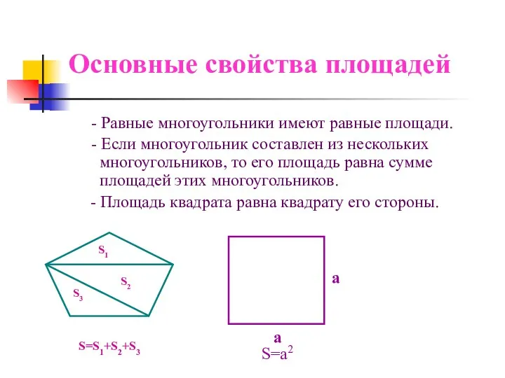 Основные свойства площадей - Равные многоугольники имеют равные площади. - Если многоугольник составлен