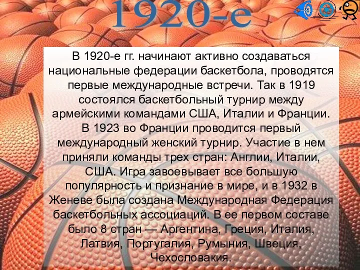 1920-е В 1920-е гг. начинают активно создаваться национальные федерации баскетбола,