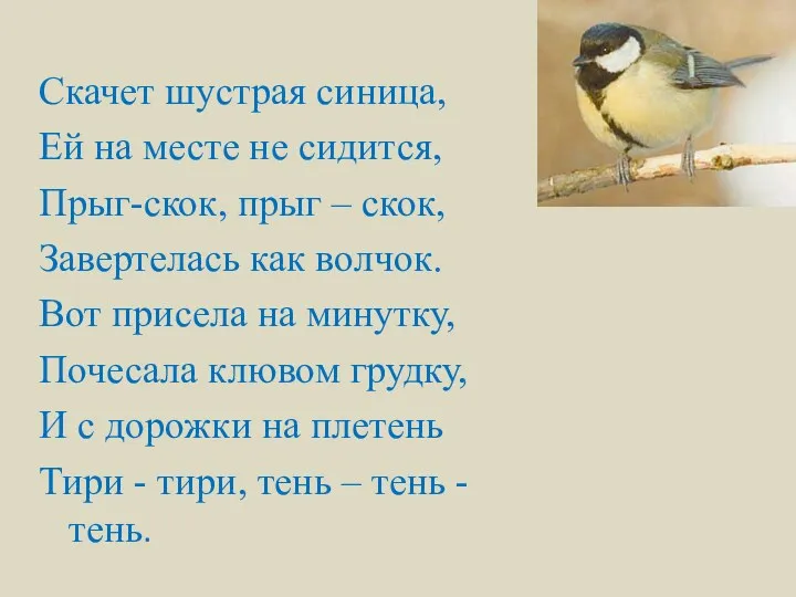 Скачет шустрая синица, Ей на месте не сидится, Прыг-скок, прыг