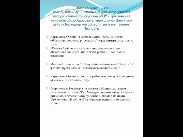 Список обучающихся победителей муниципальных конкурсов учителя изобразительного искусства МОУ «