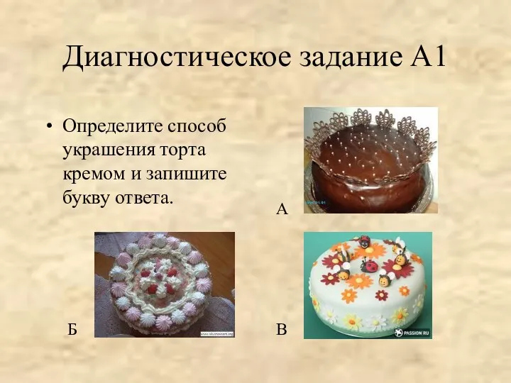 Диагностическое задание А1 Определите способ украшения торта кремом и запишите букву ответа. А Б В