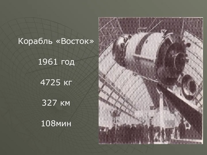 Корабль «Восток» 1961 год 4725 кг 327 км 108мин
