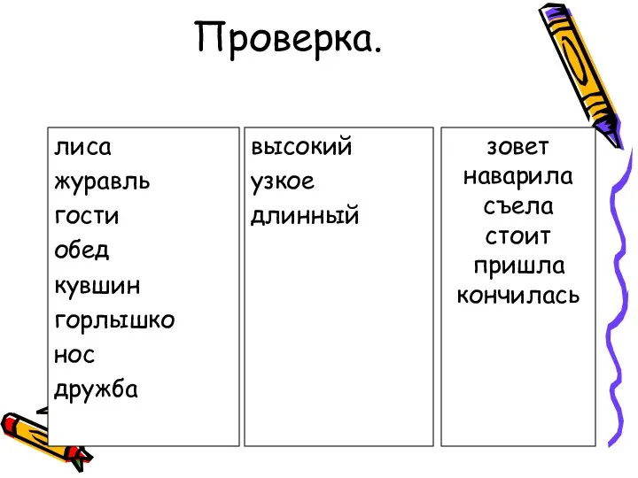 Проверка. зовет наварила съела стоит пришла кончилась высокий узкое длинный