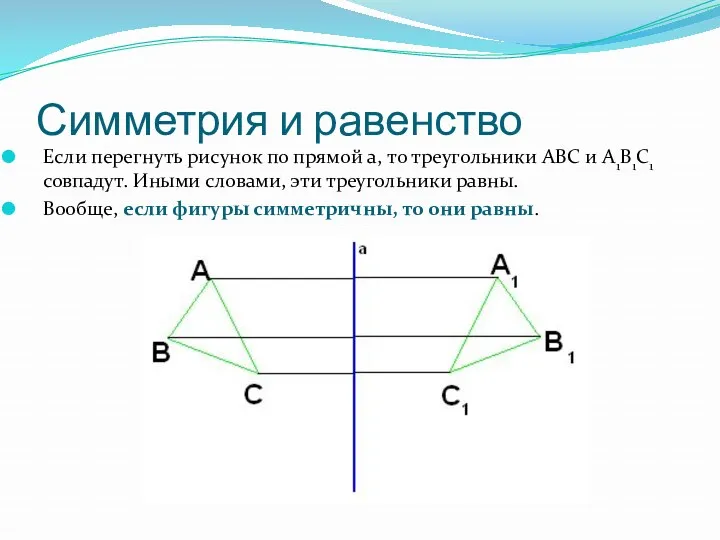Симметрия и равенство Если перегнуть рисунок по прямой a, то треугольники ABC и