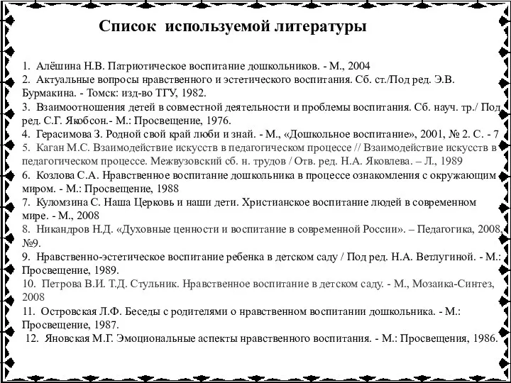 Список используемой литературы 1. Алёшина Н.В. Патриотическое воспитание дошкольников. -