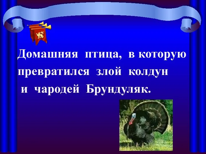 Домашняя птица, в которую превратился злой колдун и чародей Брундуляк.