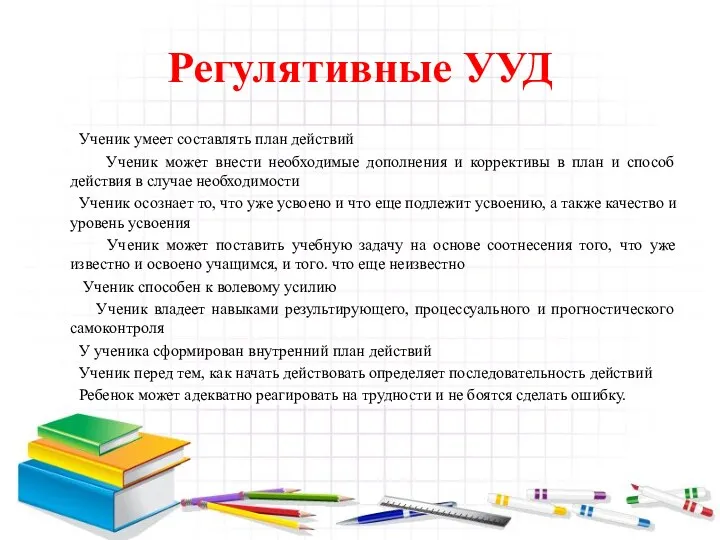 Регулятивные УУД Ученик умеет составлять план действий Ученик может внести необходимые дополнения и