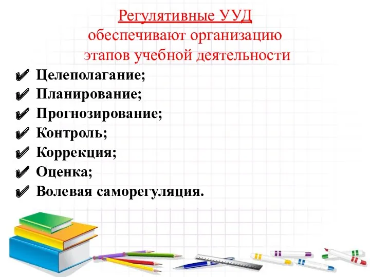 Регулятивные УУД обеспечивают организацию этапов учебной деятельности Целеполагание; Планирование; Прогнозирование; Контроль; Коррекция; Оценка; Волевая саморегуляция.