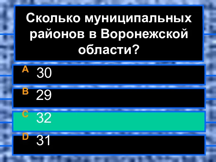 Сколько муниципальных районов в Воронежской области? A 30 B 29 C 32 D 31