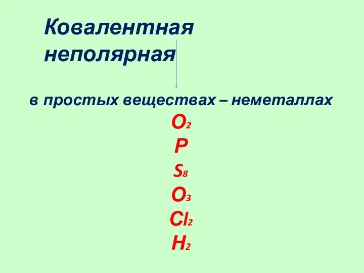 Ковалентная неполярная в простых веществах – неметаллах О2 Р S8 О3 Сl2 Н2