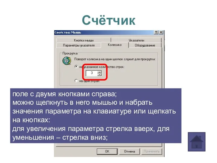 Счётчик поле с двумя кнопками справа; можно щелкнуть в него