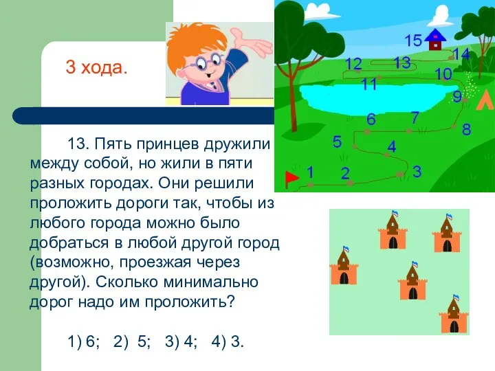 13. Пять принцев дружили между собой, но жили в пяти разных городах. Они