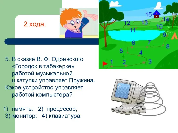 5. В сказке В. Ф. Одоевского «Городок в табакерке» работой музыкальной шкатулки управляет