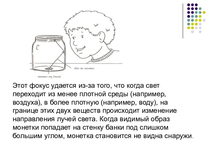 Этот фокус удается из-за того, что когда свет переходит из менее плотной среды