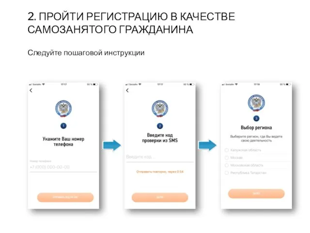 Следуйте пошаговой инструкции 2. ПРОЙТИ РЕГИСТРАЦИЮ В КАЧЕСТВЕ САМОЗАНЯТОГО ГРАЖДАНИНА