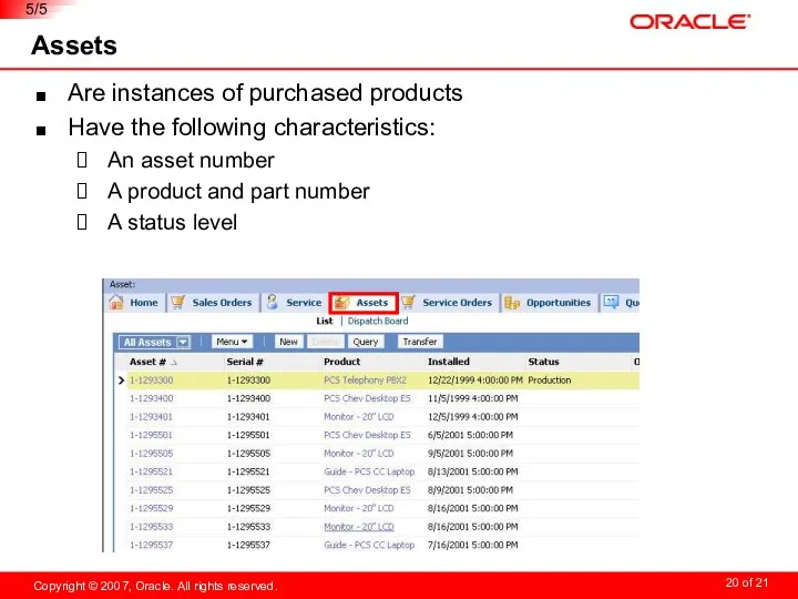 Assets Are instances of purchased products Have the following characteristics: