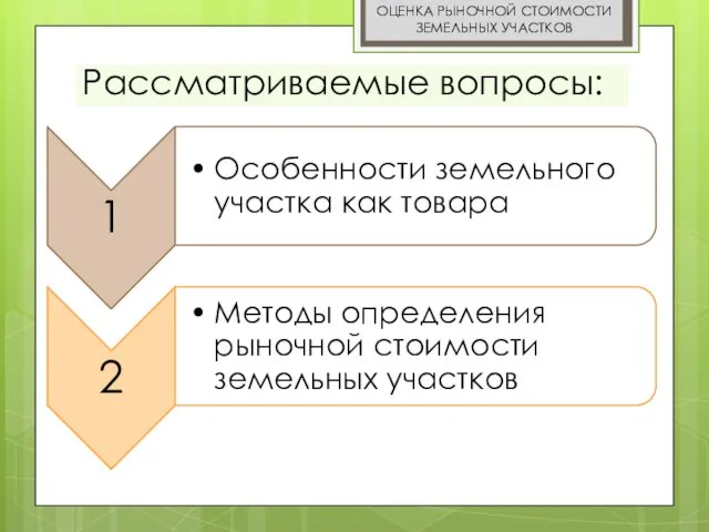 Рассматриваемые вопросы: ОЦЕНКА РЫНОЧНОЙ СТОИМОСТИ ЗЕМЕЛЬНЫХ УЧАСТКОВ