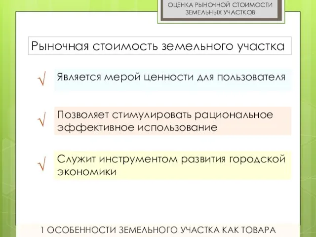 ОЦЕНКА РЫНОЧНОЙ СТОИМОСТИ ЗЕМЕЛЬНЫХ УЧАСТКОВ Рыночная стоимость земельного участка 1 ОСОБЕННОСТИ ЗЕМЕЛЬНОГО УЧАСТКА КАК ТОВАРА