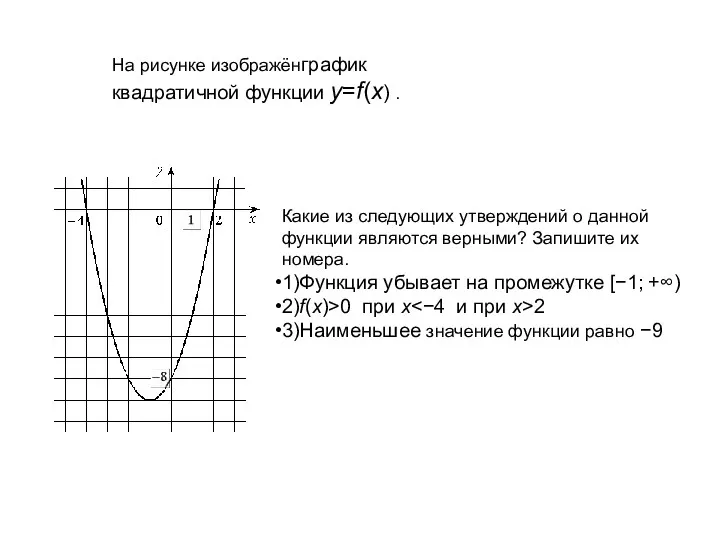 На рисунке изображёнграфик квадратичной функции y=f(x) . Какие из следующих утверждений о данной