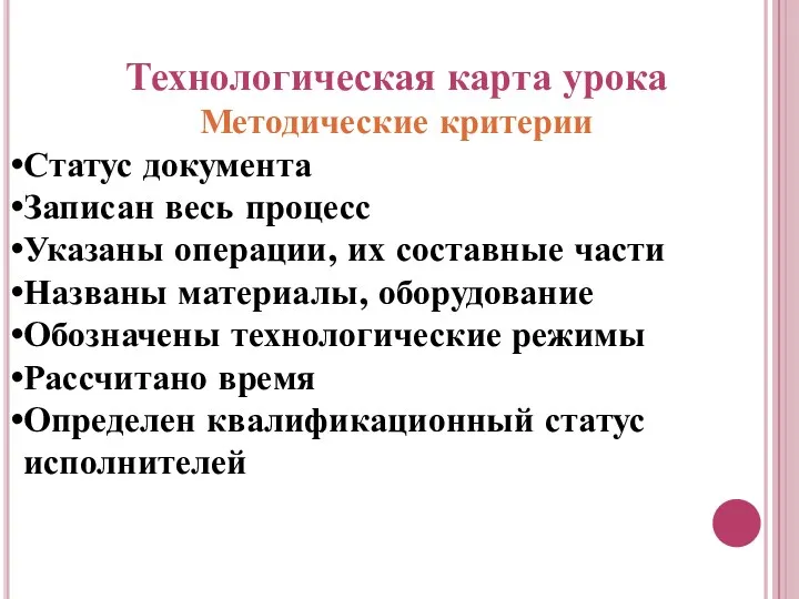 Технологическая карта урока Методические критерии Статус документа Записан весь процесс