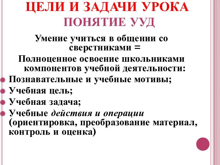 ЦЕЛИ И ЗАДАЧИ УРОКА ПОНЯТИЕ УУД Умение учиться в общении