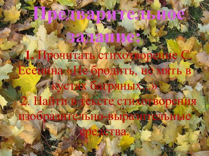 Предварительное задание: 1. Прочитать стихотворение С. Есенина «Не бродить, не