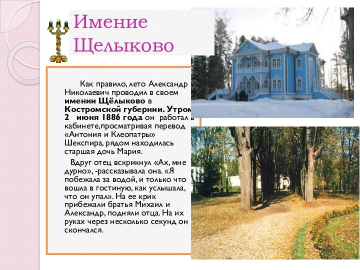 Как правило, лето Александр Николаевич проводил в своем имении Щёлыково в Костромской губернии.