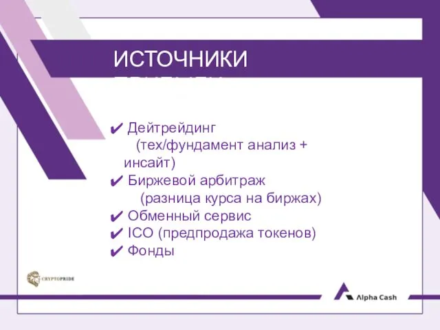 ИСТОЧНИКИ ПРИБЫЛИ Дейтрейдинг (тех/фундамент анализ + инсайт) Биржевой арбитраж (разница