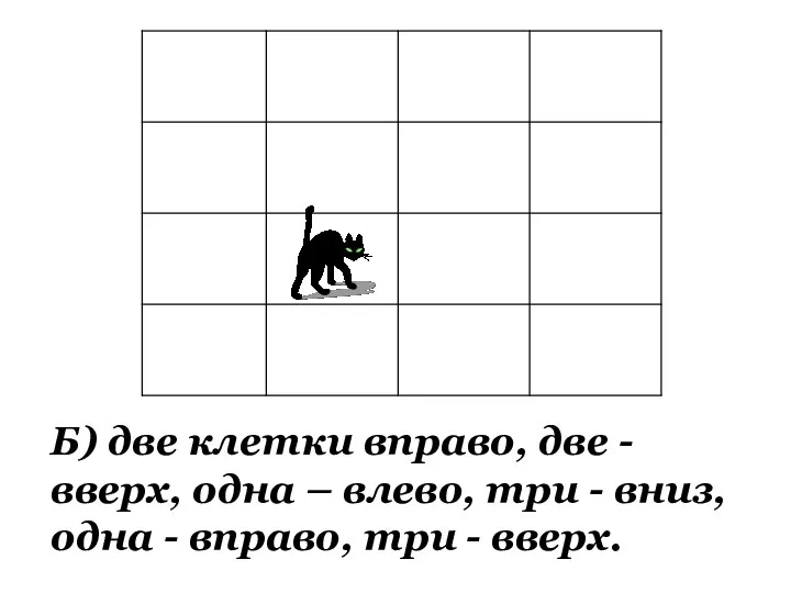 Б) две клетки вправо, две - вверх, одна – влево,