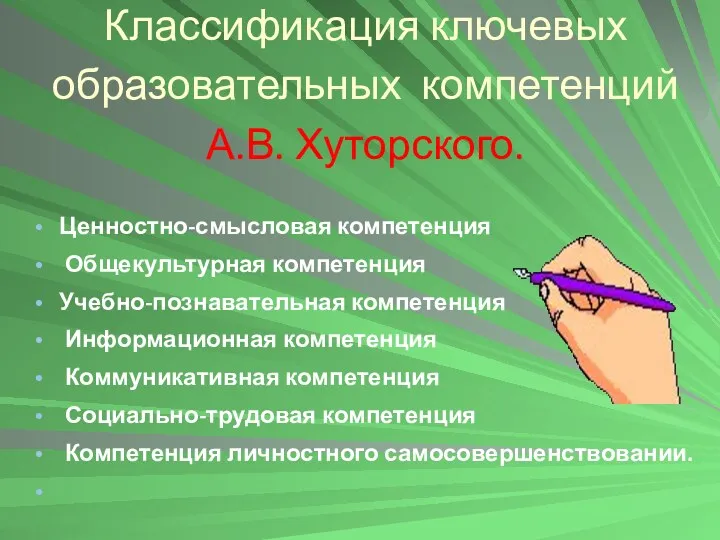 Ценностно-смысловая компетенция Общекультурная компетенция Учебно-познавательная компетенция Информационная компетенция Коммуникативная компетенция