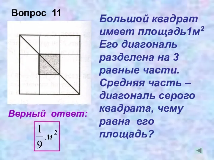 Большой квадрат имеет площадь1м2 Его диагональ разделена на 3 равные