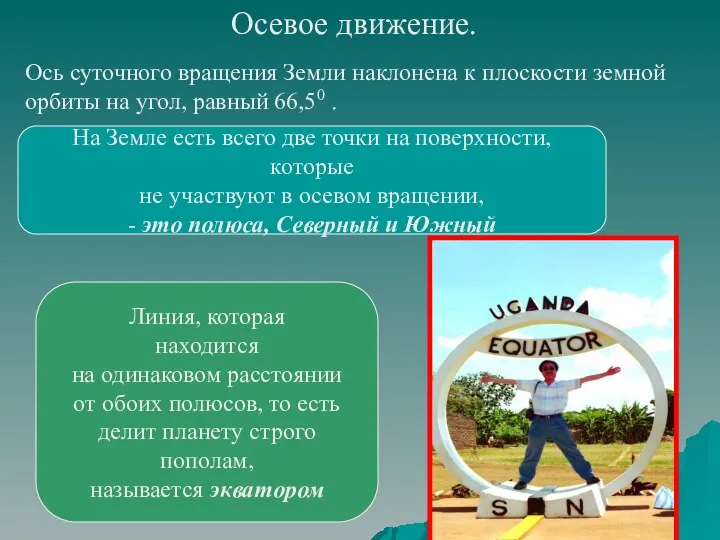 Осевое движение. Ось суточного вращения Земли наклонена к плоскости земной