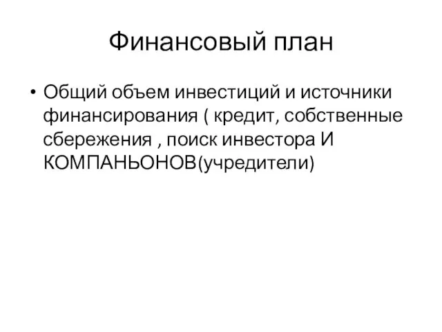 Финансовый план Общий объем инвестиций и источники финансирования ( кредит,