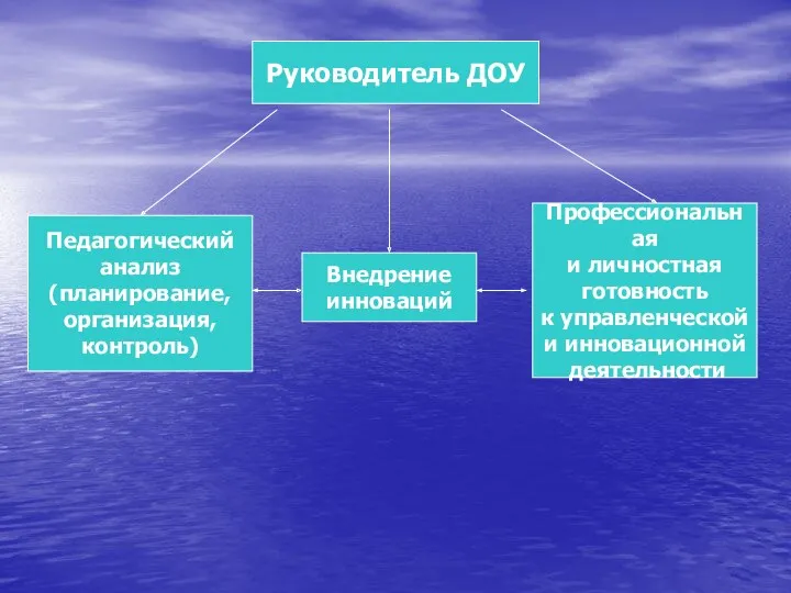 Руководитель ДОУ Педагогический анализ (планирование, организация, контроль) Внедрение инноваций Профессиональная и личностная готовность