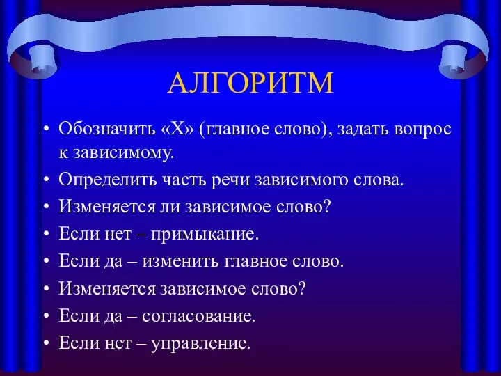 АЛГОРИТМ Обозначить «Х» (главное слово), задать вопрос к зависимому. Определить