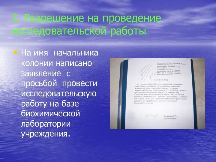 3. Разрешение на проведение исследовательской работы На имя начальника колонии написано заявление с