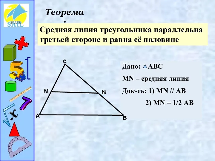 Теорема : Cредняя линия треугольника параллельна третьей стороне и равна