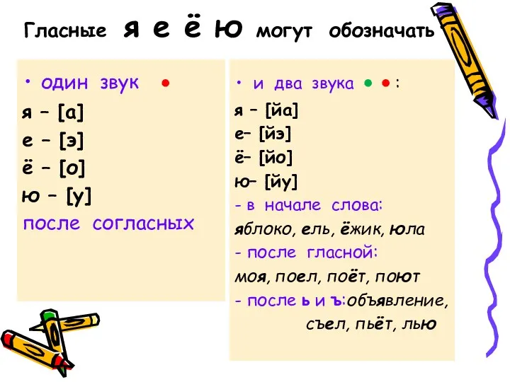 Гласные я е ё ю могут обозначать один звук ●