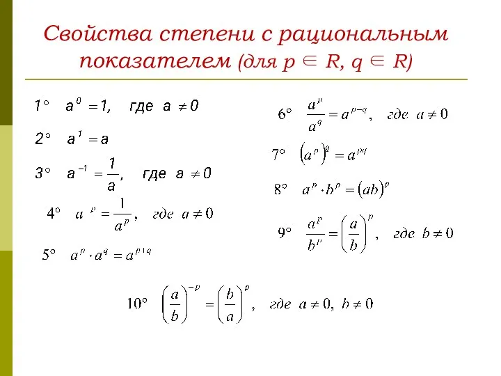 Свойства степени с рациональным показателем (для p ∈ R, q ∈ R)