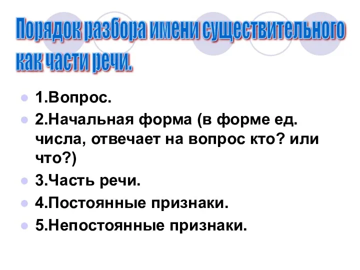 1.Вопрос. 2.Начальная форма (в форме ед.числа, отвечает на вопрос кто?