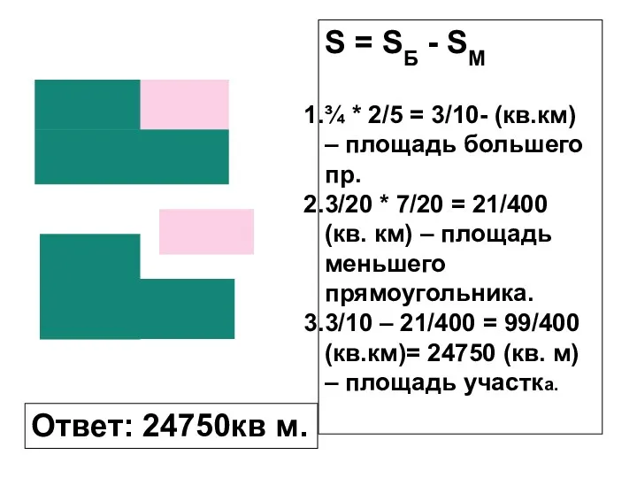 Ответ: 24750кв м. S = SБ - SМ ¾ *