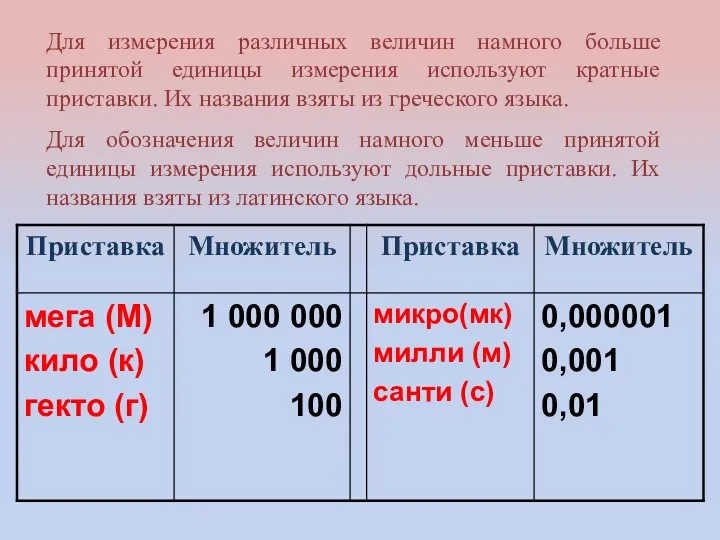 Для измерения различных величин намного больше принятой единицы измерения используют