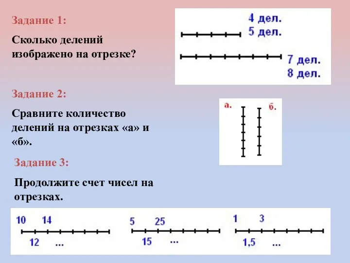 Задание 1: Сколько делений изображено на отрезке? Задание 2: Сравните