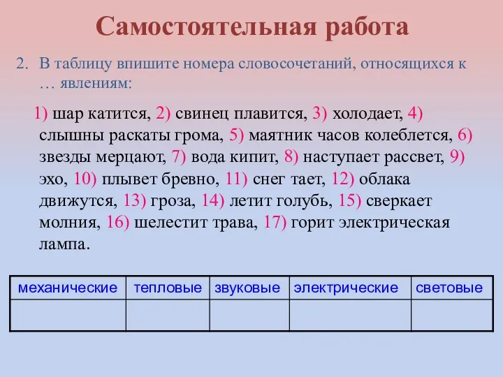 Самостоятельная работа В таблицу впишите номера словосочетаний, относящихся к …