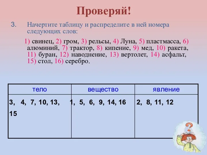 Начертите таблицу и распределите в ней номера следующих слов: 1)