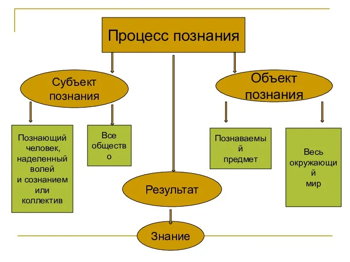 Субъект познания Объект познания Процесс познания Весь окружающий мир Познаваемый